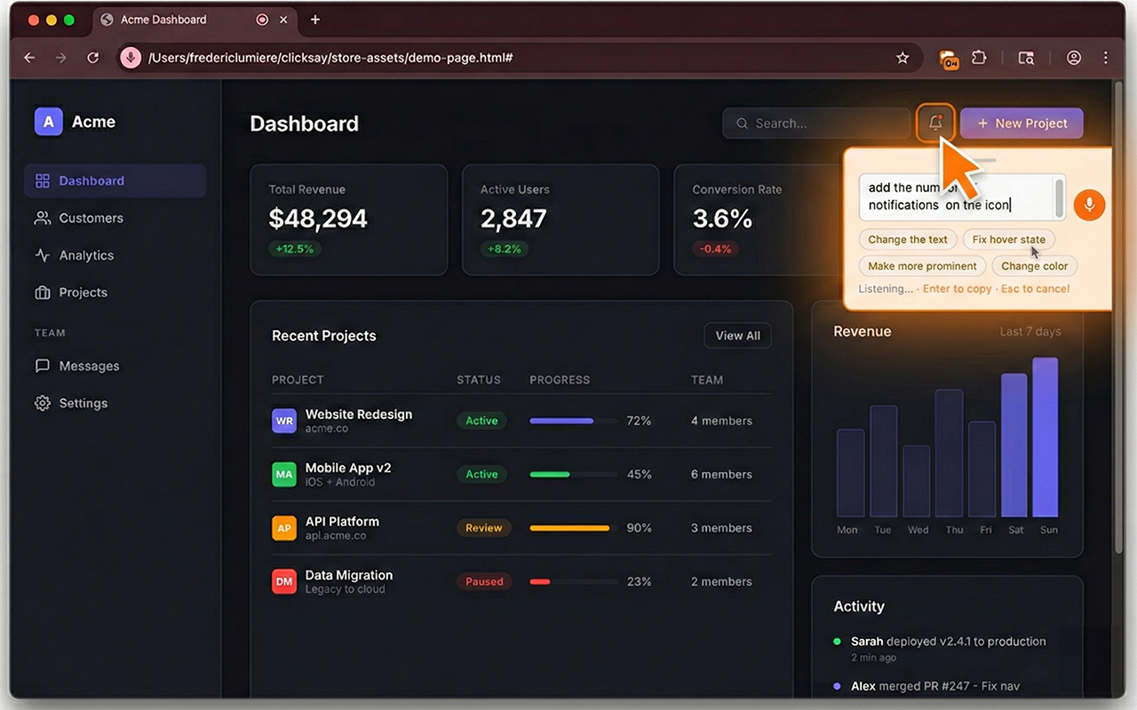 Step 1 - Click any element and say your fix with voice feedback popup