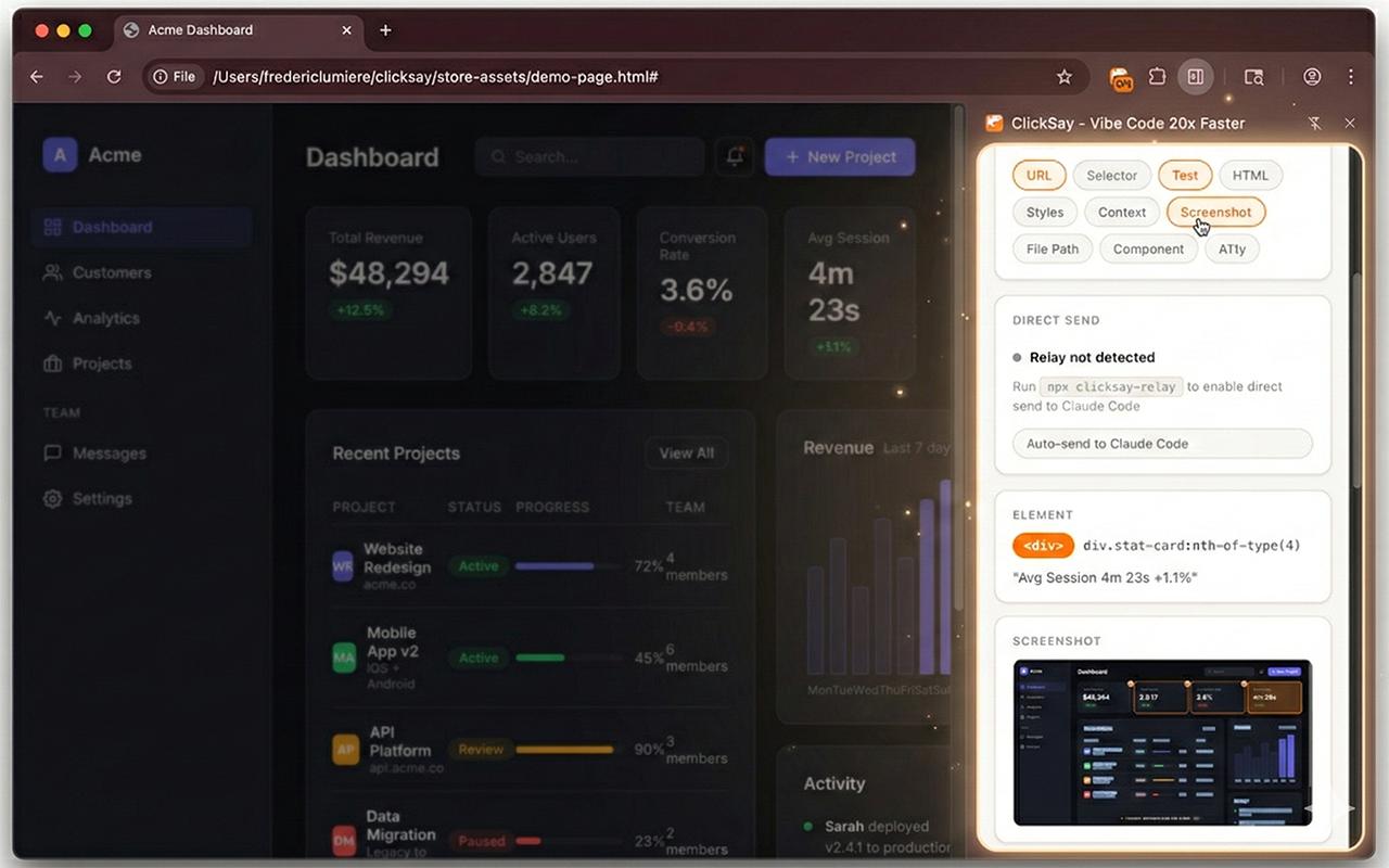 Step 2 - ClickSay side panel with element details, pills, and screenshot